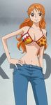  1girl angry bare_shoulders bikini_top black_eyes breasts cleavage denim earrings hand_on_hip highres hips jeans jewelry large_breasts legs long_hair looking_at_viewer nami nami_(one_piece) navel one_piece orange_hair pants pirate punk_hazard simple_background solo standing tattoo thighs 