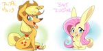  applejack_(mlp) blonde_hair canine cottontail cowboy_hat cutie_mark dog female feral floppy_ears fluttershy_(mlp) freckles friendship_is_magic green_eyes hair hat japanese japanese_text lagomorph mammal my_little_pony naoki navel pink_hair rabbit species_swap text tongue tongue_out translated 