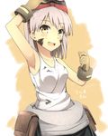  :d arm_up armpits blush brown_eyes dirty_face gloves god_eater god_eater_burst goggles goggles_on_head hand_on_own_head kusunoki_rikka looking_at_viewer open_mouth pouch short_hair smile solo stain tank_top van-s 