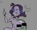 a10_(artist) annoyed arm_around_another big_breasts big_butt breasts buckteeth butt censor_bar choker claire_wheeler collar curvy_figure disney duo female gesture green_body green_skin grey_background grey_body grey_skin hair hand_gesture hi_res horn humanoid jewelry looking_at_viewer male male/female middle_finger mike_wazowski monster monsters_inc monsters_university multi_eye necklace noseless nude pixar profanity purple_hair rude signature simple_background spiked_collar spikes teeth text voluptuous waddling_head