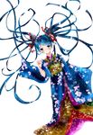  absurdres blue_eyes blue_hair floating_hair floral_print flower hair_ribbon hatsune_miku highres japanese_clothes kimono long_hair obi ribbon sash shirayuki_towa simple_background solo twintails very_long_hair vocaloid white_background 