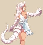  1girl bare_shoulders breasts brown_background claws dark_skin dragon dragon_girl dress female from_behind green_eyes highres horns kneepits long_hair looking_back maze_(gochama_ze_gohan) monster_girl original pointy_ears sideboob simple_background solo standing sundress tail white_dress white_hair 