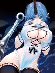  black_legwear blue_eyes blue_hair breasts cleavage club cowboy_shot horn huge_breasts kanabou long_hair looking_down masao mouth_hold nail_polish oni original pointy_ears solo spiked_club thighhighs underboob weapon 