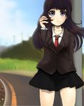  bad_id bad_pixiv_id blue_eyes brown_hair day ginji74 jacket long_hair necktie original skirt sky smile solo 