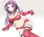  ahoge arm_support bare_shoulders blush breasts choker cleavage elbow_gloves garters gloves idolmaster idolmaster_(classic) large_breasts long_hair looking_at_viewer lying midriff miura_azusa navel nightmare_blood on_side purple_hair red_eyes shadow smile solo spikes striped striped_legwear thighhighs van-s 