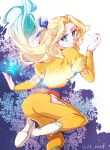  1girl ass blonde_hair blue_eyes blue_ribbon blue_shirt celes_chere crystal dated final_fantasy final_fantasy_vi ginshachi hair_ornament hair_ribbon highres juliet_sleeves long_hair long_sleeves looking_at_viewer lying official_alternate_costume on_back pants parted_bangs puffy_sleeves ribbon shirt simple_background solo white_footwear yellow_pants 