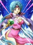  aqua_hair blue_background breasts card circlet cleavage dress fingerless_gloves fujii_satoshi gloves haou_taikei_ryuu_knight large_breasts long_hair magic paffy_pafuricia pink_dress purple_eyes shoulder_pads smile solo twintails 