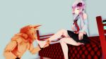  2018 3d_(artwork) anthro black_nose blush canine clothed clothing digital_media_(artwork) female female_on_anthro hair human human_on_anthro interspecies kissing_toes male male/female malicekira mammal muscular muscular_male open_mouth purple_hair smile sou_notamine utau vocaloid wolf yukari_yuzuki 