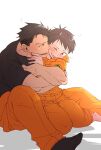  2boys age_difference akitaru_oubi barefoot black_eyes black_hair black_shirt black_socks blush clothes_around_waist commentary_request en'en_no_shouboutai highres hug jacket jacket_around_waist jumpsuit male_focus multiple_boys mzkenen one_eye_closed onii-shota orange_jumpsuit orange_pants pants red_eyes sharp_teeth shinra_kusakabe shirt short_hair short_sleeves signature socks teeth undercut white_background yaoi 