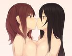  black_hair breast_press breasts brown_eyes brown_hair chiwino earrings eye_contact imminent_kiss jewelry large_breasts long_hair looking_at_another multiple_girls oppao-san original parted_lips purple_eyes short_hair simple_background symmetrical_docking twintails yuri 