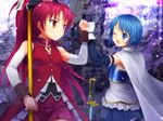  ;d blue_eyes blue_hair blush cape detached_sleeves fist_bump gloves grin highres long_hair magical_girl mahou_shoujo_madoka_magica miki_sayaka multiple_girls mutsuki_(moonknives) one_eye_closed open_mouth polearm ponytail red_eyes red_hair sakura_kyouko short_hair smile sword thighhighs weapon 