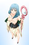  blue_eyes blue_hair breasts cleavage covering covering_breasts gradient gradient_background kesuida large_breasts long_hair magi_the_labyrinth_of_magic smile solo staff topless torn_clothes yamuraiha 