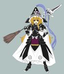  adapted_costume armor bad_id bad_pixiv_id blonde_hair broom brown_eyes cape chain frills gauntlets helmet kirisame_marisa long_hair open_mouth simple_background solo takemori_shintarou touhou weapon 