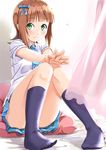  amami_haruka armpit_peek bed black_legwear blush brown_hair convenient_leg curtains green_eyes hair_ribbon idolmaster idolmaster_(classic) kneehighs looking_at_viewer miri_(ago550421) necktie no_shoes on_bed pillow ribbon rough_time_school school_uniform short_hair sitting skirt smile socks solo wind 