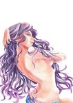  breasts butt_crack jojo_no_kimyou_na_bouken kumino_(soup) long_hair purple_eyes purple_hair sideboob solo topless yamagishi_yukako 