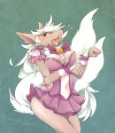  2012 anthro blue_eyes blush bow_tie breasts butt canine chest_tuft clothed clothing female fluffy fluffy_tail fur grey_fur mammal massana3 open_mouth paw_pose pretty_cure smile_pretty_cure solo sweat tongue tongue_out tuft white_fur wolf wolfrun 