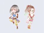  2girls aerith_gainsborough aerith_gainsborough_(terra&#039;s_garb) armband bare_shoulders black_hair blue_shirt bluelimbo8888 brown_eyes brown_gloves brown_hair cape chibi clenched_hands commentary cosplay crop_top detached_sleeves dress earrings final_fantasy final_fantasy_vii final_fantasy_vii_ever_crisis gloves gold_trim green_eyes green_footwear grey_background hair_bobbles hair_ornament hair_ribbon holding holding_stuffed_toy jewelry light_blush low_ponytail midriff moogle multiple_girls navel official_alternate_costume open_mouth panties parted_lips polka_dot polka_dot_legwear ponytail red_dress red_footwear red_sleeves ribbon sabin_rene_figaro sabin_rene_figaro_(cosplay) sash shirt smile stuffed_animal stuffed_toy terra_branford terra_branford_(cosplay) tifa_lockhart tifa_lockhart_(sabin&#039;s_style) underwear waist_sash yellow_panties 
