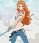 1girl bare_shoulders belt bikini_top black_eyes bracelet breasts cleavage cloud clouds denim fishman_island highres hips holster jeans jewelry large_breasts legs long_hair looking_at_viewer nami nami_(one_piece) navel one_piece orange_hair pants pirate sky smile smoke solo staff standing thighs weapon 