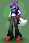  backless_gloves bra canine clothing elpatrixf female fingerless_gloves gloves green_background hi_res jacket mammal pants plain_background rollercoasterviper59 rubber_band sabrina_wolf shirt shoes sneakers standing underwear wolf 