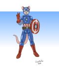 absurd_res american_opossum anthro australian_possum bartek22 belt blue_eyes boots bottomwear captain_america clothed clothing cosplay costume ears_up footwear full_body_suit fully_clothed gesture gloves hand_gesture handwear hi_res holding_object holding_shield holding_weapon looking_at_viewer male mammal marsupial marvel marvel_cinematic_universe mask one_eye_closed pants possum_humanoid robbie_the_possum shield shoes solo tail tongue tongue_out v_sign virginia_opossum weapon wearing_mask wink