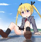  blonde_hair city cloud day giantess kill_me_baby long_hair panties purple_eyes school_uniform sky solo sonya_(kill_me_baby) terada_ochiko twintails underwear 