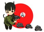  animal_ears black_hair brown_eyes caterpillar_tracks flag_background ground_vehicle heart japanese_flag looking_at_viewer military military_uniform military_vehicle motor_vehicle open_mouth original speech_bubble tail tank type_10_(tank) type_61_(tank) type_74 type_90_kyu-maru ueda_hashigo uniform 