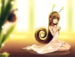  bail bare_shoulders blurry brown_hair collarbone cup curly_hair depth_of_field dress drinking drinking_straw earrings green_eyes holding jewelry kneeling long_hair looking_at_viewer minigirl original reflection seiza sitting snail snail_girl solo 
