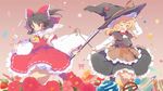  blonde_hair braid brown_eyes brown_hair detached_sleeves flower frills hair_ribbon hair_tubes hakurei_reimu hat hat_ribbon kirisame_marisa multiple_girls one_eye_closed ribbon rod side_braid torii touhou watase_rei witch_hat yellow_eyes 