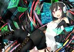 bare_shoulders benio_(dontsugel) binary black_hair black_legwear blush boots dress elbow_gloves eyebrows_visible_through_hair gloves headphones headset highres holographic_monitor long_hair looking_at_viewer open_mouth original red_eyes smile solo thighhighs 