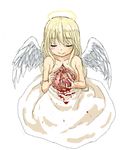  angel angel_wings bad_id bad_pixiv_id blonde_hair blood blood_stain closed_eyes disembowelment dress guro halo heart heart_(organ) holding smile solo topless white_background white_dress wings yuyuzuki_(yume_usagi) 