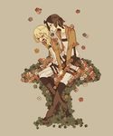  between_legs blonde_hair blush boots brown_hair christa_renz couple flower freckles ie_(niwaniwa) jacket knee_boots long_hair multiple_girls paradis_military_uniform shingeki_no_kyojin simple_background sitting smile thigh_strap uniform ymir_(shingeki_no_kyojin) yuri 