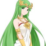  1girl armlet bare_shoulders bracer breasts circlet cleavage closed_mouth collarbone dress eyebrows_visible_through_hair gem goddess gold green_eyes green_hair jewelry kid_icarus large_breasts long_hair looking_at_viewer mito_engine neck_ring necklace nintendo palutena simple_background smile solo straight_hair strapless strapless_dress very_long_hair white_background white_dress 
