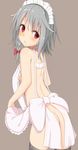  apron ass back black_legwear braid grey_background izayoi_sakuya looking_back maid_headdress naked_apron ratsuku_kinoko red_eyes short_hair silver_hair simple_background solo thighhighs touhou twin_braids 