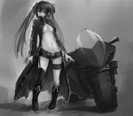  belt_buckle black_rock_shooter black_rock_shooter_(character) boots breasts buckle coat garter_straps greyscale ground_vehicle knee_boots long_coat long_hair mismatched_legwear monochrome motor_vehicle motorcycle navel no_bra open_clothes open_coat riftgarret short_shorts shorts single_thighhigh small_breasts solo thigh_strap thighhighs twintails underboob 