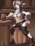  alcohol angrboda armor bandage bar beer beverage blue_eyes breasts caprine clothing cup drink female gender_transformation goat green_eyes hair horn mammal mug nipples sarashi torn_clothing transformation transgender white_hair 