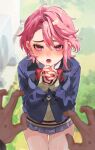  1boy 1girl absurdres blurry blurry_background blush bow bowtie dandadan highres kameoka908 outdoors own_hands_together pink_eyes pink_hair pov pov_hands school_uniform shiratori_aira_(dandadan) skirt sweater takakura_ken_(dandadan) 