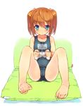  barefoot blue_eyes brown_hair controller game_controller one-piece_swimsuit original pillow s.o_chin school_swimsuit short_hair solo spread_legs swimsuit twintails 