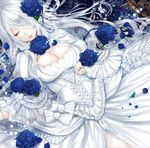  album_cover apt blue_flower blue_rose breasts cleavage closed_eyes corset cover crystal dress flower frills hair_over_one_eye juliet_sleeves lace large_breasts lolita_fashion long_hair long_sleeves original petals puffy_sleeves ribbon rose silver_hair solo very_long_hair white_dress wide_sleeves 