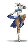  adapted_costume bare_shoulders bombomb25 bracelet breasts brown_eyes brown_hair bun_cover china_dress chinese_clothes chun-li double_bun dress fighting_stance highres jewelry large_breasts leg_up midriff pantyhose pelvic_curtain solo spiked_bracelet spikes street_fighter 