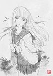  fuwa_aika graphite_(medium) greyscale hime_cut long_hair monochrome petals saito_tsunenori school_uniform solo traditional_media zetsuen_no_tempest 