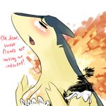  blush blush_(artist) breasts cleavage clothed clothing english_text eyes_closed female fire maid maid_uniform nintendo pok&#233;mon pok&eacute;mon solo text typhlosion video_games 