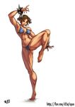  absurdres adapted_costume armpits barefoot bikini blue_bikini bracelet breasts brown_eyes brown_hair bun_cover chun-li double_bun feet full_body highres irving-zero jewelry lips medium_breasts navel plantar_flexion short_hair sideboob solo spiked_bracelet spikes standing standing_on_one_leg street_fighter swimsuit thick_thighs thighs toenails toes toned 