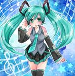  ahoge bad_id bad_pixiv_id detached_sleeves green_eyes green_hair haru_(manhoul) hatsune_miku headset long_hair musical_note necktie open_mouth skirt solo star twintails very_long_hair vocaloid 