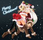  1boy 1girl ;d all_fours animal_costume bikini black_footwear blonde_hair blush boots breasts brown_hair capelet christmas commentary_request dark_background fur-trimmed_bikini fur-trimmed_boots fur-trimmed_capelet fur-trimmed_headwear fur-trimmed_skirt fur-trimmed_thighhighs fur_trim gift gradient_background hat highres holding holding_gift holding_sack kuzuryuu_hanako long_hair looking_at_viewer merry_christmas one_eye_closed open_mouth panties pantyshot red_bikini red_capelet red_hat red_panties red_skirt red_thighhighs reindeer_costume sack santa_bikini santa_capelet santa_hat saotome_hodaka short_hair sitting sitting_on_person skirt smile snowing sogabe_toshinori sweat swimsuit thighhighs underboob underwear yankee_jk_kuzuhana-chan 