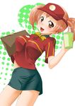  bad_id bad_pixiv_id bow bowtie breasts brown_eyes brown_hair drink employee_uniform fast_food_uniform hataraku_maou-sama! highres impossible_clothes impossible_shirt large_breasts mcdonald's miniskirt pencil_skirt polo_shirt ryuc4883 sasaki_chiho shirt short_twintails skirt smile solo t-shirt tray twintails uniform visor_cap 