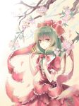  a_luo butterfly_on_hand cherry_blossoms dress front_ponytail green_eyes green_hair hair_ribbon highres kagiyama_hina looking_at_viewer petals puffy_sleeves red_dress ribbon short_sleeves solo touhou tree 