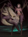  1girl black_background breasts brown_hair closed_mouth colored_skin dark_skin dragon dreadlocks drooling glowing glowing_eyes highres long_hair medium_breasts monster oleg_bulakh purple_skin saliva sarah_kerrigan sharp_teeth shiny_skin standing starcraft teeth tentacles yellow_eyes 