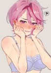  1girl absurdres blush breasts cleavage copyright_request dandadan hands_on_own_face highres kameoka908 pink_eyes pink_hair shiratori_aira_(dandadan) short_hair simple_background solo solo_focus 