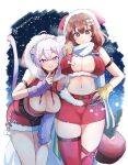  2girls ahoge alternate_costume animal_ear_fluff animal_ears arm_warmers armlet asymmetrical_legwear bare_shoulders belt black_belt bone_hair_ornament bone_ornament border bow bow_legwear bowtie braid breasts brown_belt brown_eyes brown_hair cat_ears cat_girl cat_tail christmas cleavage cleavage_cutout clothing_cutout commentary_request cowboy_shot crossed_bangs dog_ears dog_girl dog_tail dot_nose finger_to_mouth hair_bow hair_ornament hand_on_own_hip hand_on_own_thigh highres hololive hood hooded_sweater hunched_over inugami_korone jewelry kamiya_zuzu large_breasts long_hair long_sidelocks looking_at_viewer medium_hair merry_christmas multiple_girls navel nekomata_okayu night open_mouth outdoors pom_pom_(clothes) purple_arm_warmers purple_bow purple_eyes purple_nails red_bow red_bowtie red_sweater red_thighhighs santa_costume scarf sidelocks sleeveless sleeveless_sweater smile snowing standing stomach straight-on sweater tail teeth thighhighs twin_braids two_side_up uneven_legwear virtual_youtuber white_border white_scarf yellow_arm_warmers yellow_nails 