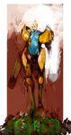  amputee arm_cannon blonde_hair blood blood_on_face blue_eyes bodysuit breasts highres injury large_breasts long_hair metroid metroid_(creature) muju ponytail power_suit samus_aran scrunchie skin_tight solo torn_bodysuit torn_clothes weapon zero_suit 